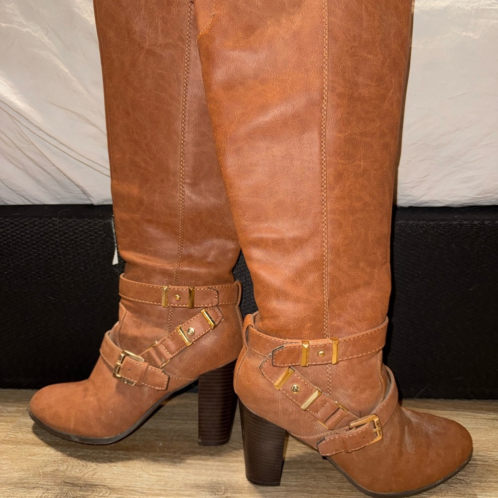 G by Guess Cody brown knee high buckle boots